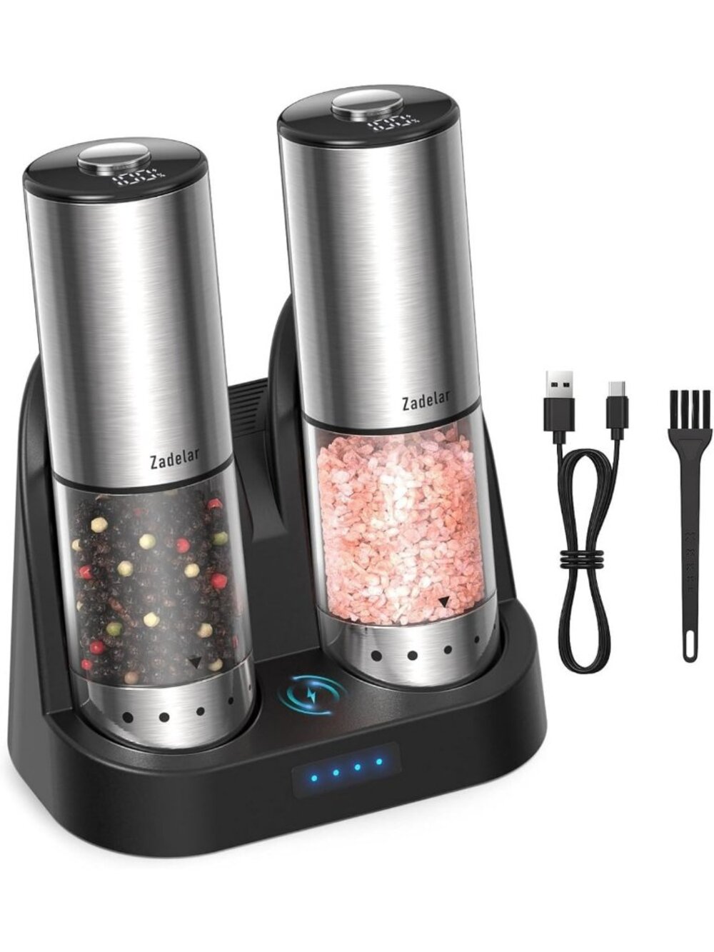 Rechargeable Electric Salt and Pepper Grinder Set with Charging Base, 2-Pack